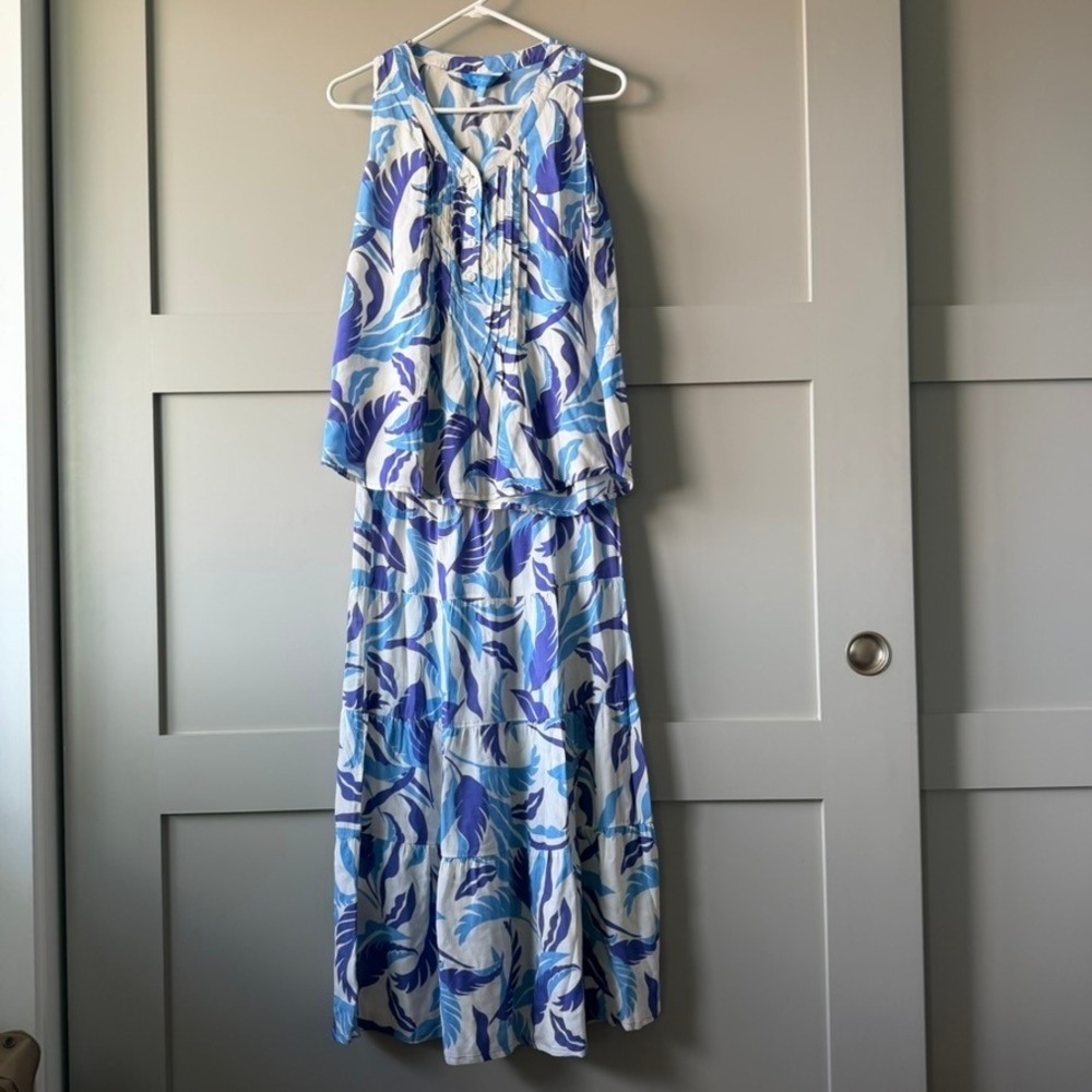 Blueginger 2 Piece Skirt Set Womens XS Blue White Tropical Leaf Pintuck Midi